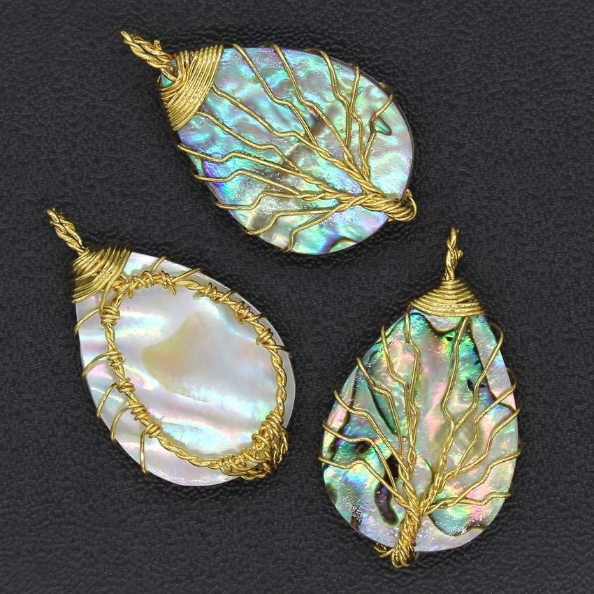 Tree of Life Hand Wrapped Sea Abalone Shell Earrings (177)